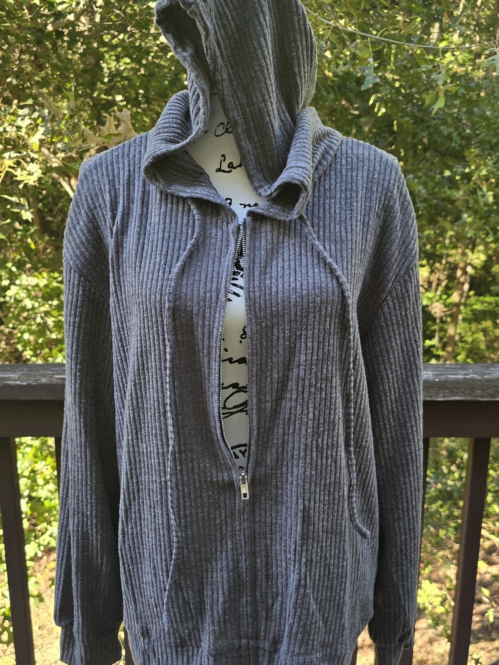 Amazon Ribbed Hooded Zip Cardigan - Charcoal Gray